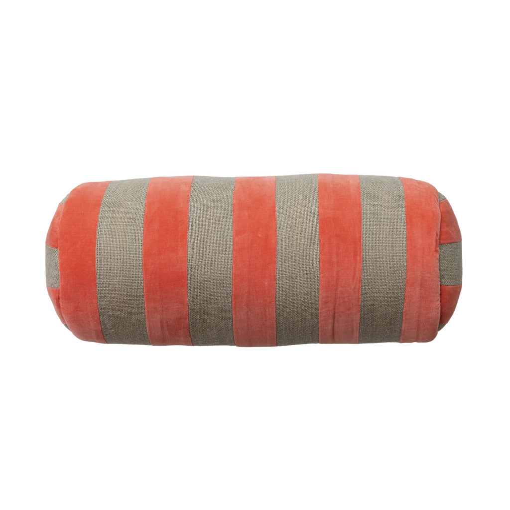 Cotton Velvet & Jute Bolster Pillow w/ Stripes