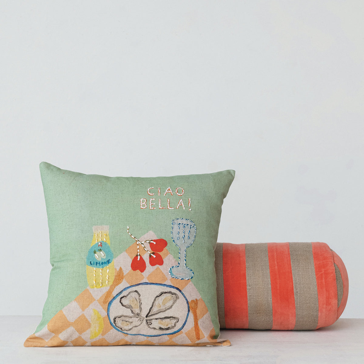 Cotton Velvet & Jute Bolster Pillow w/ Stripes