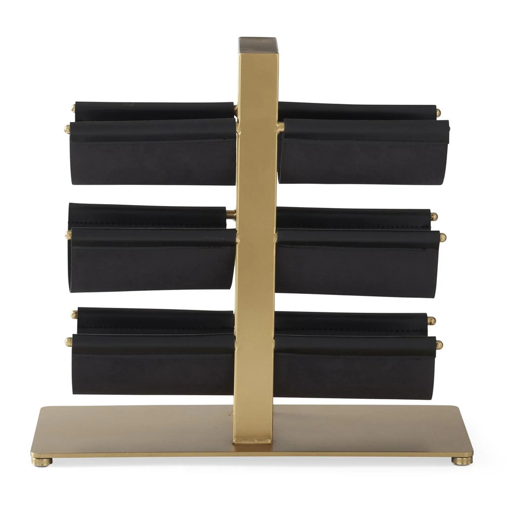 Black Faux Leather & Brass Wine Rack