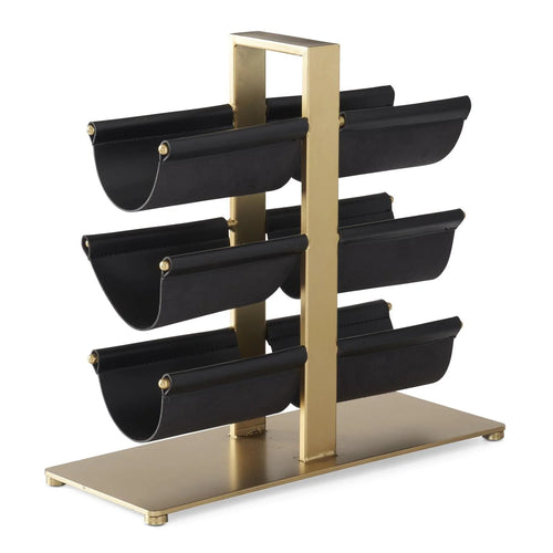 Black Faux Leather & Brass Wine Rack