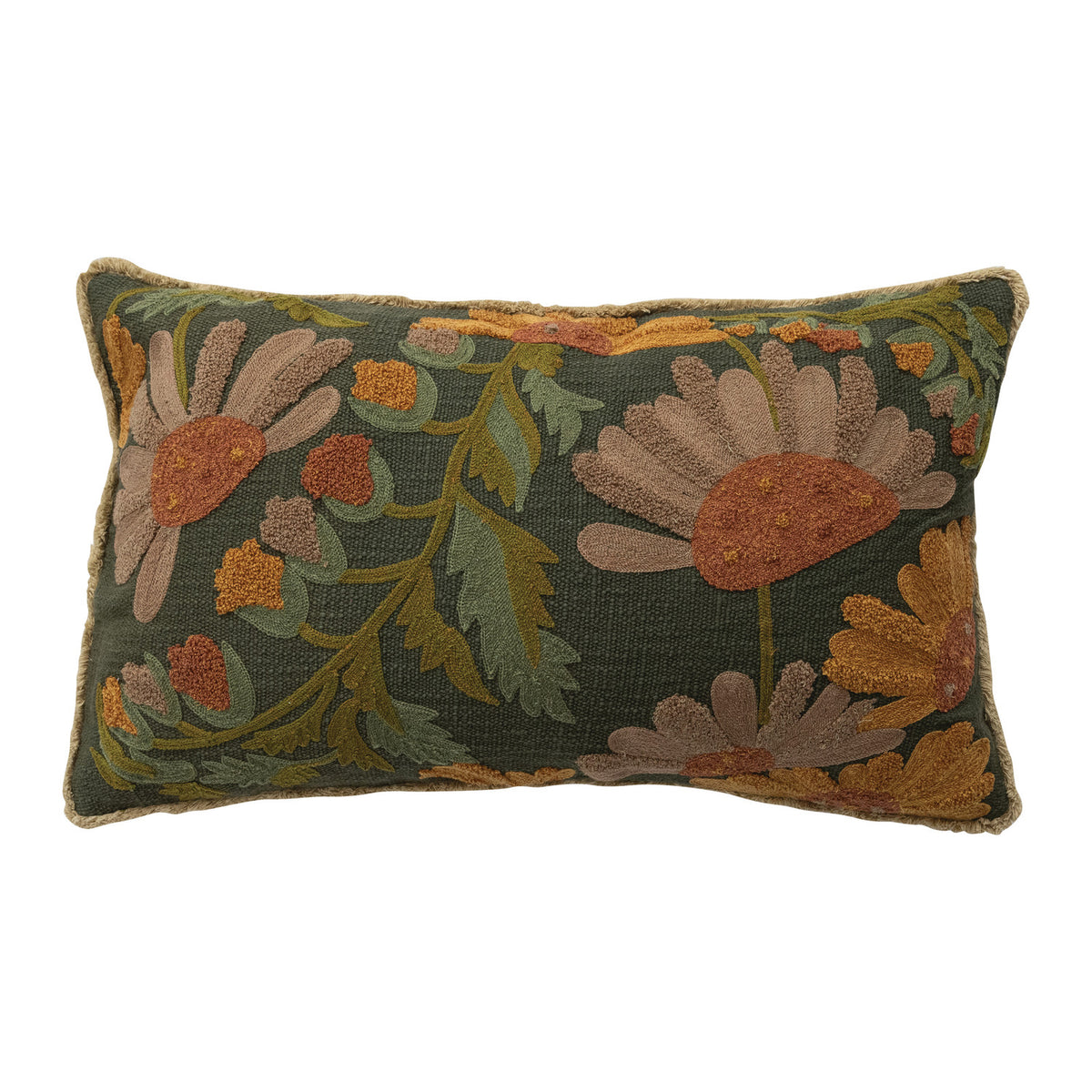 Cotton Embroidered Pillow with Flowers & Fringe