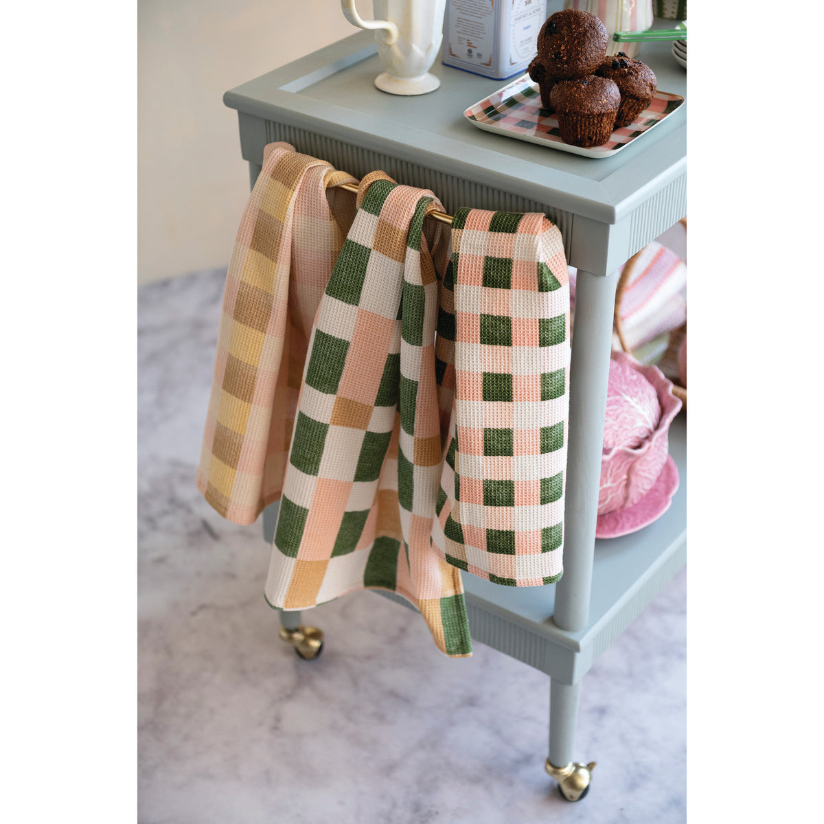 Cotton Blend Waffle Weave Tea Towel with Check/Plaid Pattern