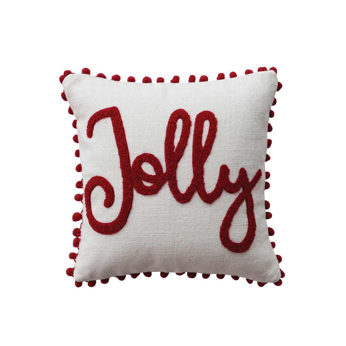 Cotton Pillow w/ Pom Pom Trim & Tufted "Jolly"